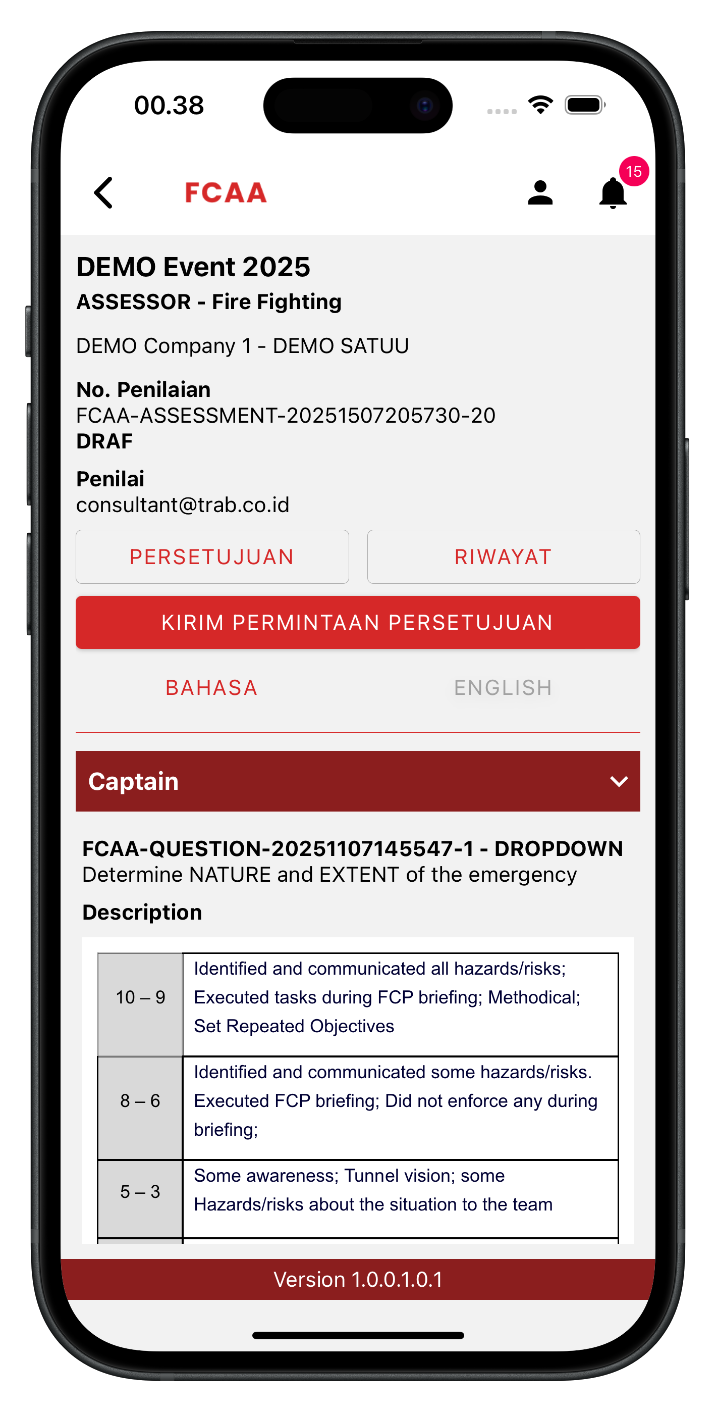 Tampilan aplikasi FCAA – aplikasi penilaian Fire & Rescue Challenge
