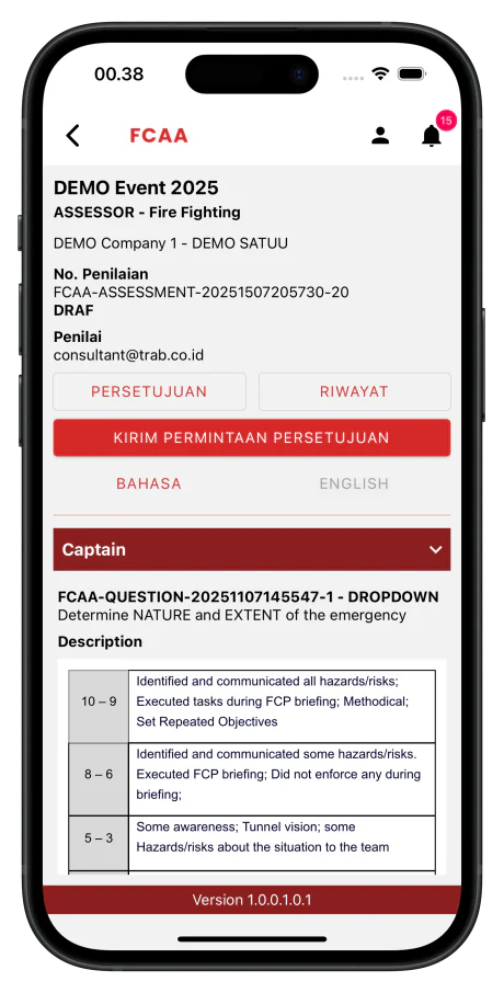 Tampilan aplikasi FCAA — penilaian Fire & Rescue Challenge