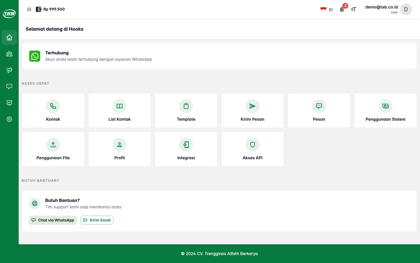 Tampilan dashboard Hooks – Gateway WhatsApp API untuk bisnis Indonesia