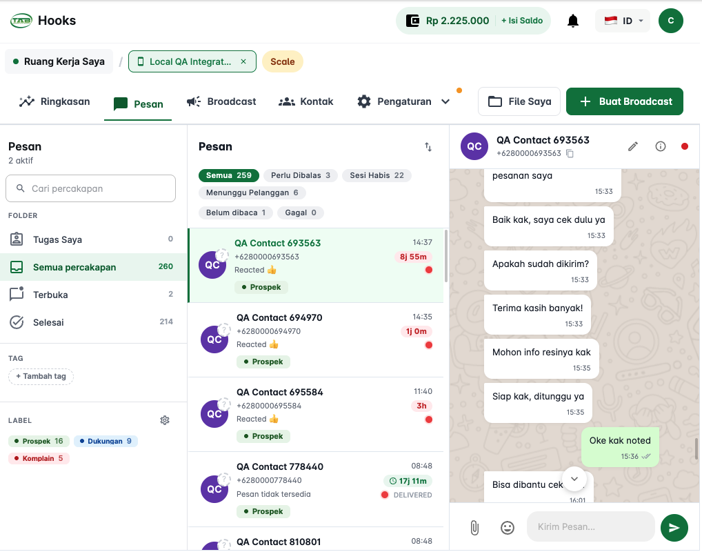 Tampilan inbox percakapan WhatsApp di dashboard Hooks