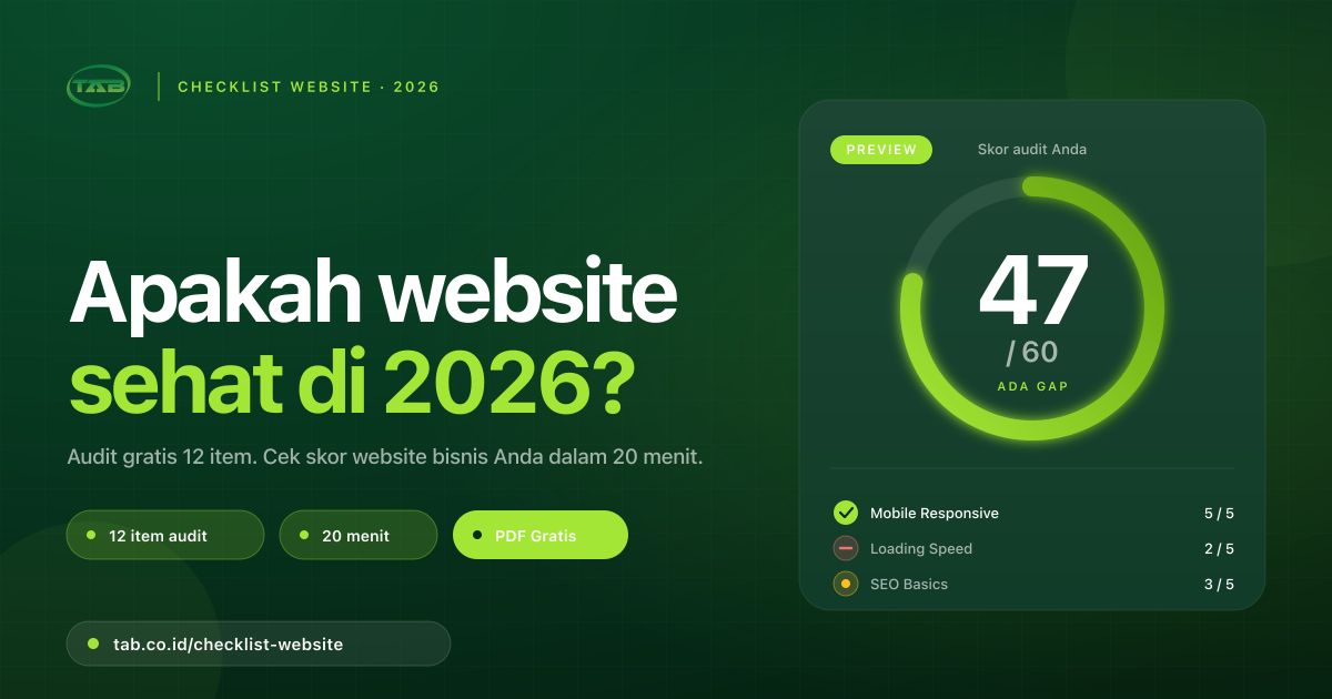 Preview audit checklist website TAB – skor 47/60 dengan rekomendasi quick fix